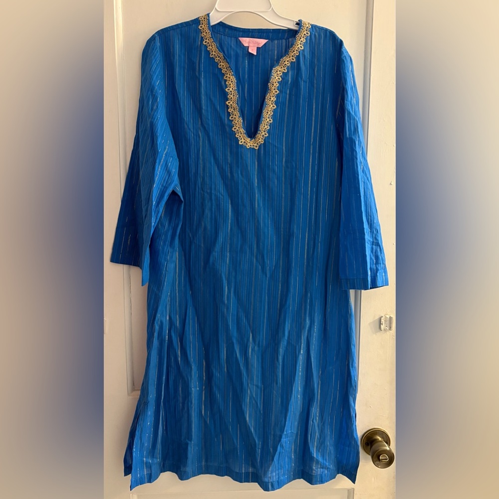 LILLY PULITZER Blue Gold Stripe Esme Cotton/Lurex Crinkle Crepe CoverUp Medium